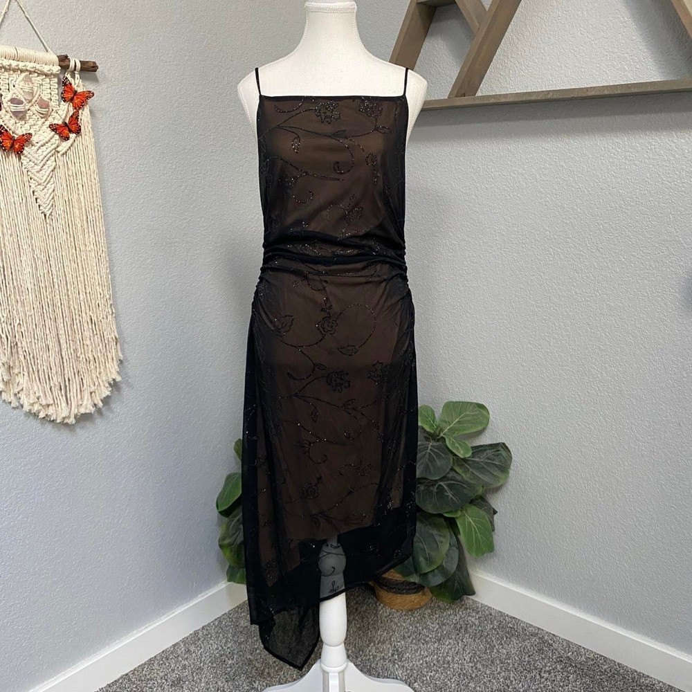 VINTAGE BLACK ASYMMETRICAL MESH LINED FLORAL SEQUIN RUCHED DRESS SQUARE NECKLINE